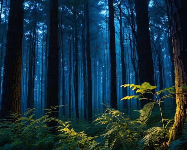 Twilight Forest Scene with Ethereal Atmosphere