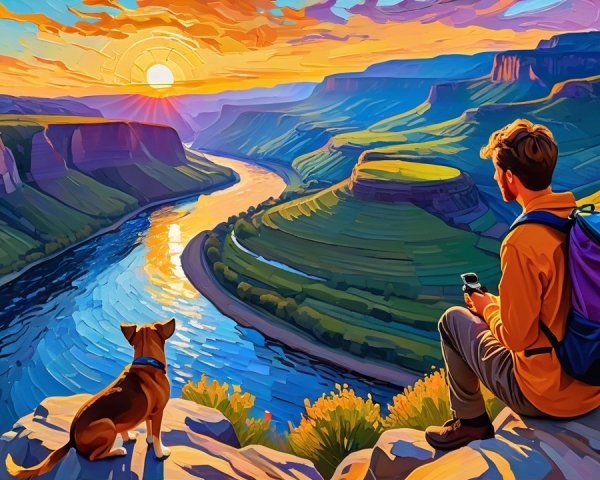 Vibrant sunset over canyon with man and dog