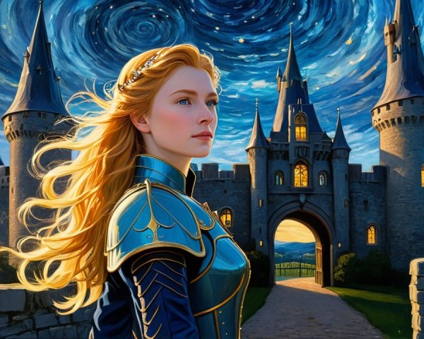 Regal Woman in Blue Armor Before Majestic Castle