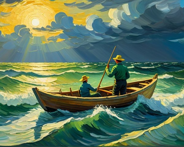 Fishermen in a Boat on Choppy Ocean Waters