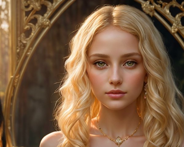 Elegant Woman with Blonde Hair and Black Cat Reflection