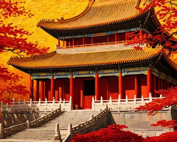 Traditional Asian Pavilion Surrounded by Autumn Maples