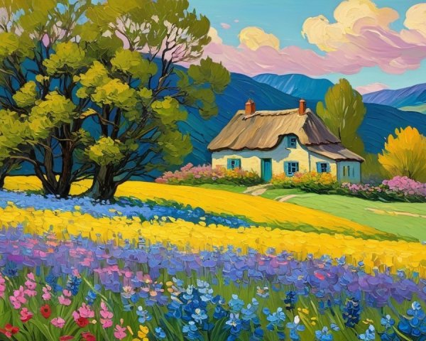 Thatched Roof Cottage in a Colorful Flower Landscape