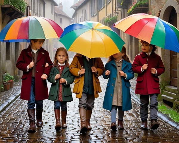 Children with umbrellas on a charming cobblestone street