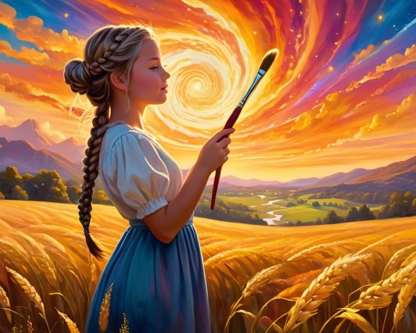 Young girl in wheat field with vibrant sunset backdrop