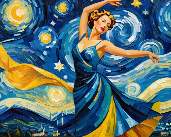 Vibrant Painting of Dancer in Blue and Yellow Dress