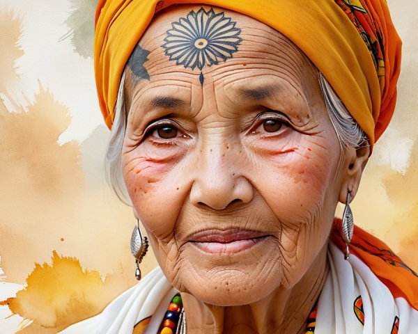 Elderly Woman with Orange Headscarf and Floral Design