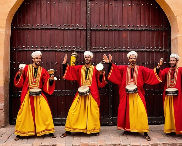 Traditional Performers in Vibrant Attire by Wooden Gate