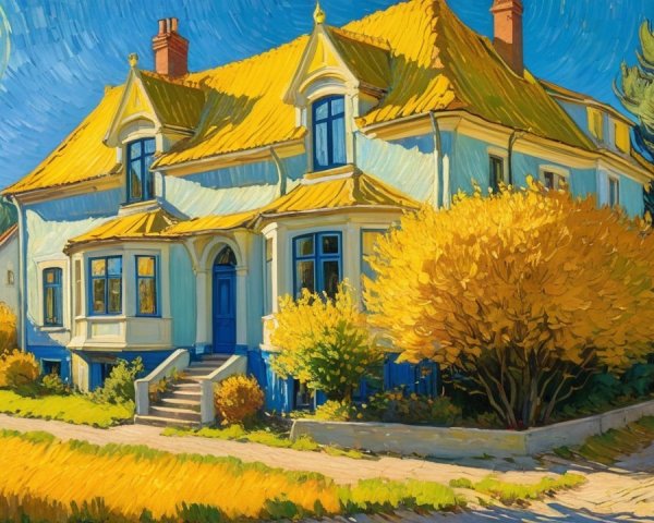 Two-Story House with Yellow Roof in Autumn Landscape