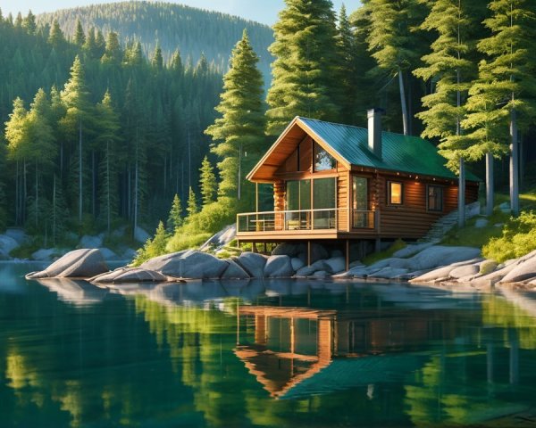 Wooden Cabin by Turquoise Lake Surrounded by Pines