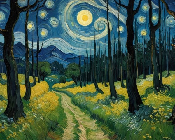 Winding Path in a Starry Landscape with Flowers