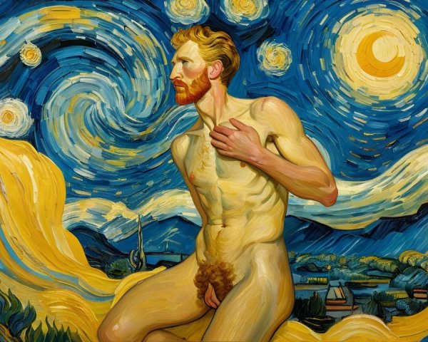 Nude Figure Against Vibrant Sky and Moon Background