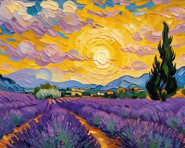 Vibrant Landscape of Lavender Fields and Cypress Trees