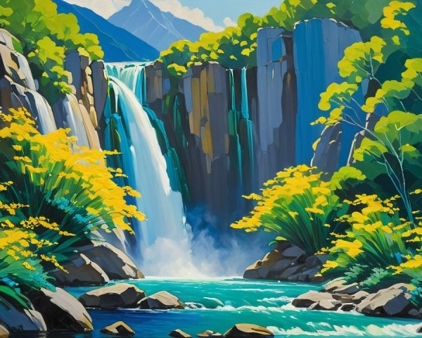 Vibrant Painting of Waterfall in Lush Landscape