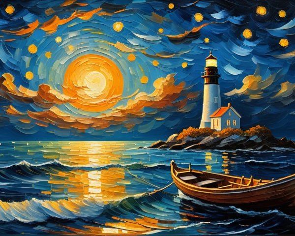 Vibrant seascape with lighthouse and dramatic sky