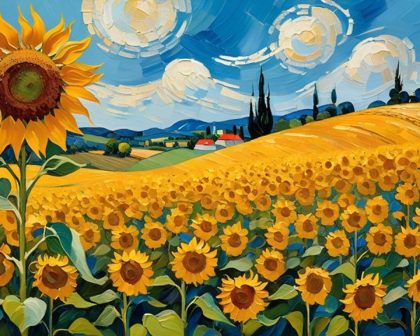 Vibrant Sunflower Field Under Blue Sky and Hills
