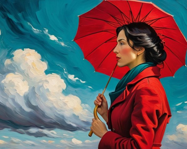 Woman with Red Umbrella Against Dramatic Sky