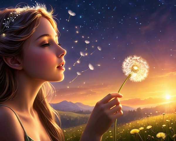 Young woman with fairy wings in a sunset meadow