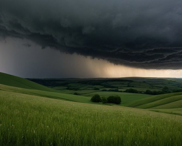 Dramatic Landscape of Green Hills and Stormy Sky