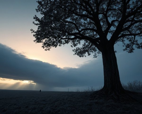 Solitary tree under moody sky at sunset landscape