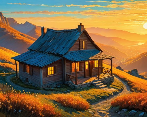 Wooden cabin on hillside at sunset with wildflowers