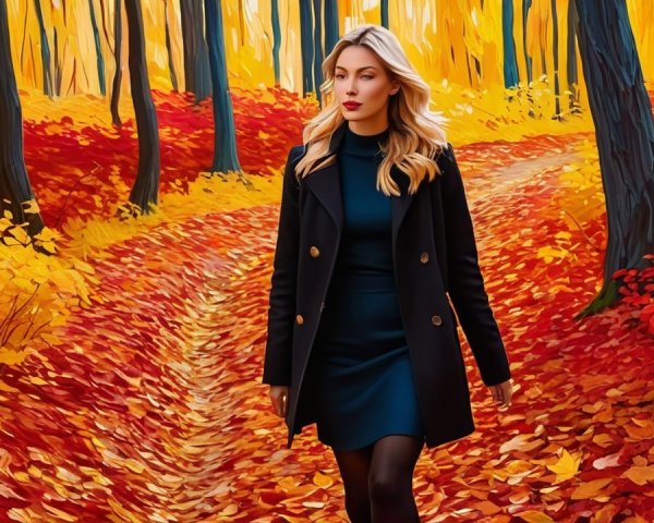 Woman in Black Coat Walking Through Autumn Forest