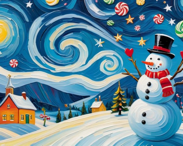 Impressionistic Winter Wonderland Night Oil Painting