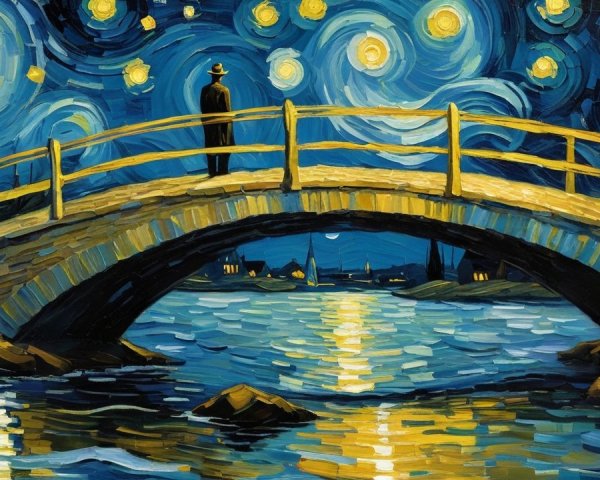Serene night scene with illuminated bridge and stars