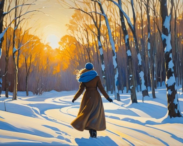 Woman in snowy forest with sunset backdrop