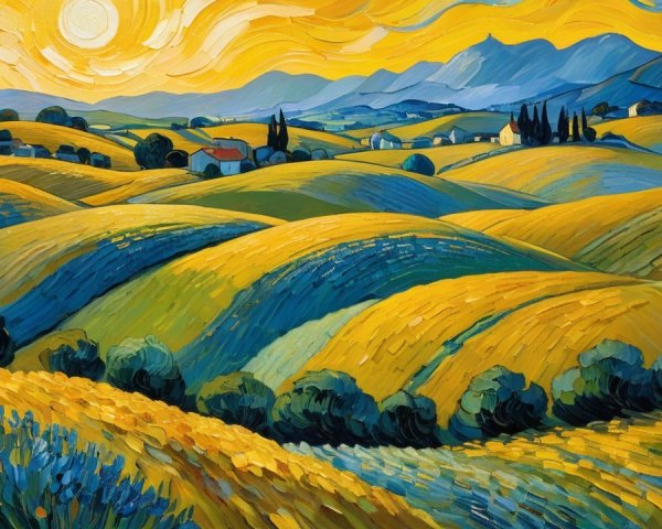 Vibrant Landscape with Rolling Hills and Distant Mountains