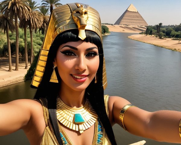 Woman in Ancient Egyptian Attire with Pyramids Background