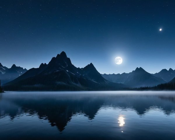 Tranquil Lake Night Scene with Starry Sky and Mountains