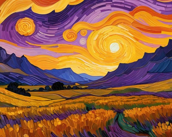 Vibrant textured painting of a mountainous landscape