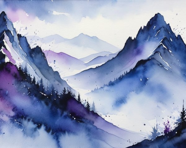 Watercolor Landscape of Majestic Purple and Blue Mountains