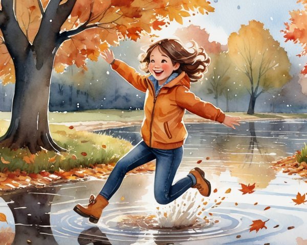 Joyful girl in orange jacket splashes in rain puddles
