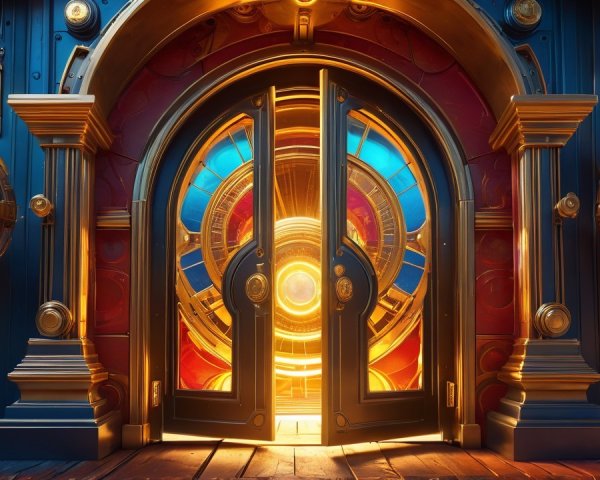 Ornate Entrance with Double Doors and Vibrant Lighting