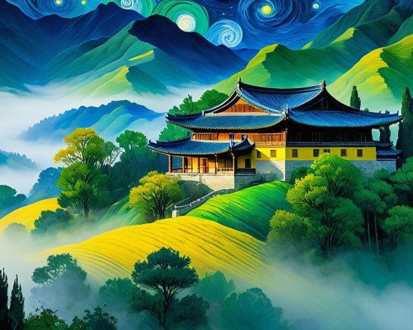 Vibrant Digital Painting of a Temple in Misty Hills