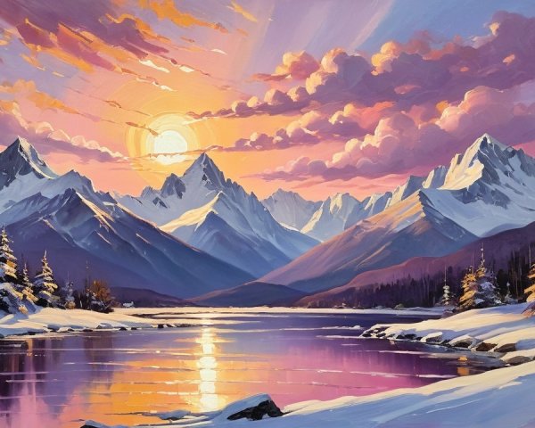 Snow-Capped Mountains and Sunset Over Calm River