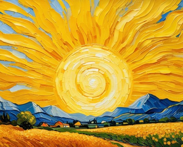 Vibrant Sun and Golden Flowers in Serene Landscape