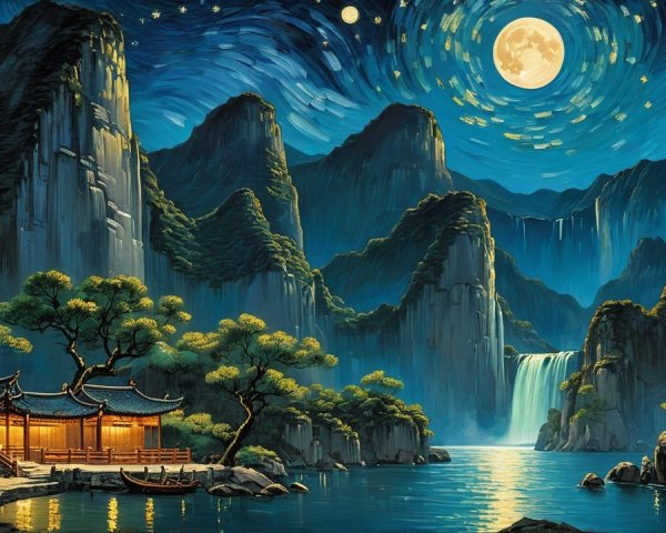 Digital Painting of an Asian Landscape at Night
