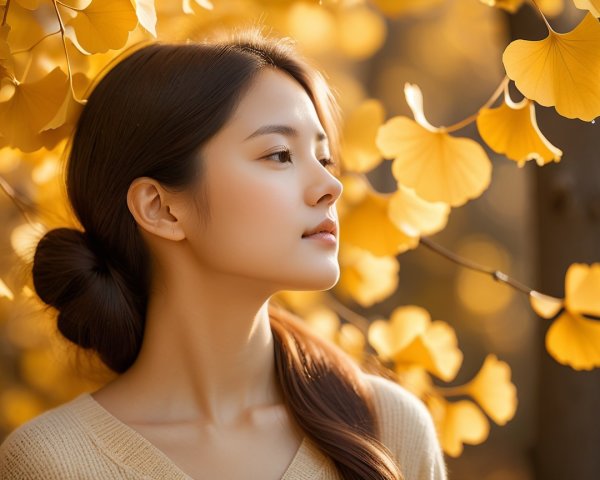 Young Woman Surrounded by Golden Ginkgo Leaves