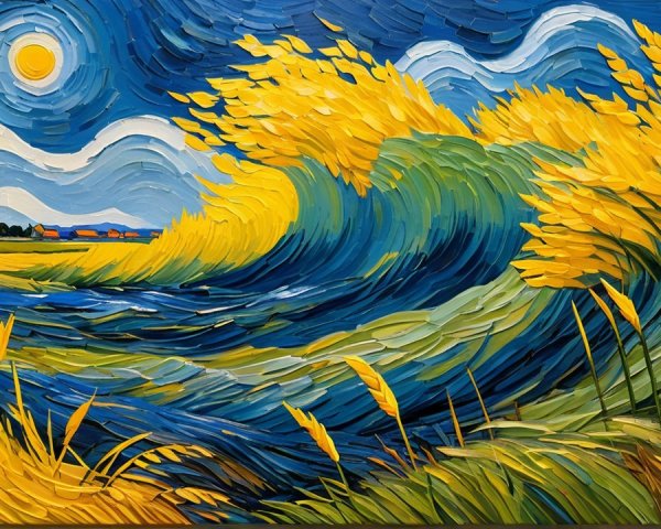 Vibrant Landscape of Wheat Fields and Blue Waves