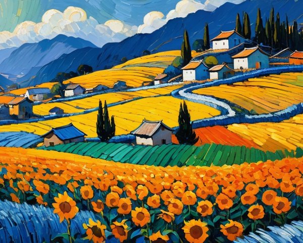 Colorful Expressionistic Painting of a Hillside Village