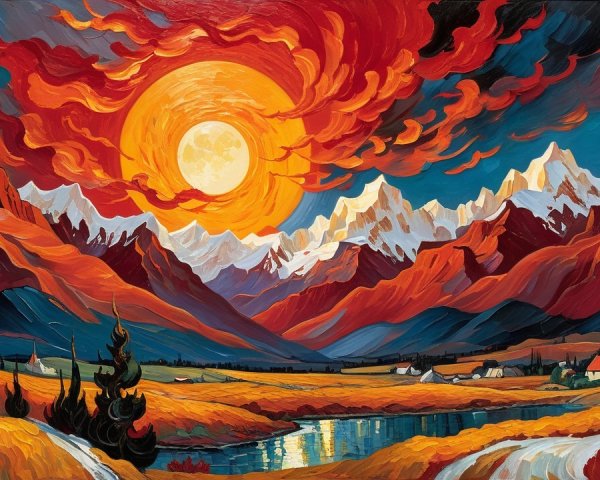 Vibrant Landscape Painting of Mountains and River