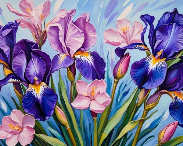 Vibrant Bouquet of Irises and Pink Flowers on Blue