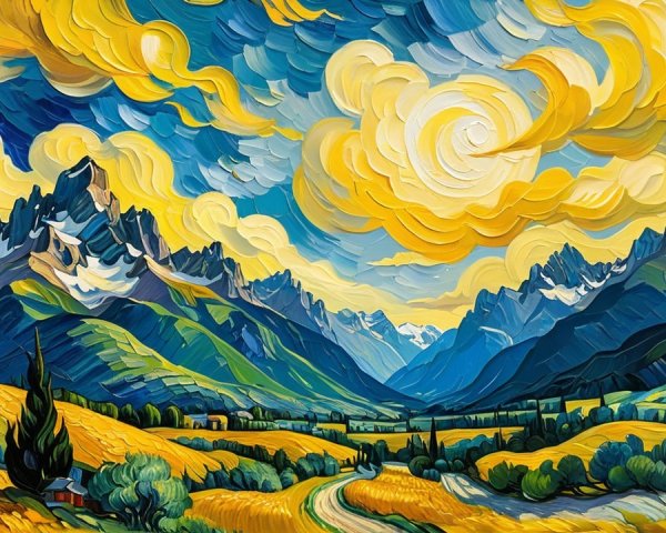 Vibrant Landscape with Rolling Hills and Mountains