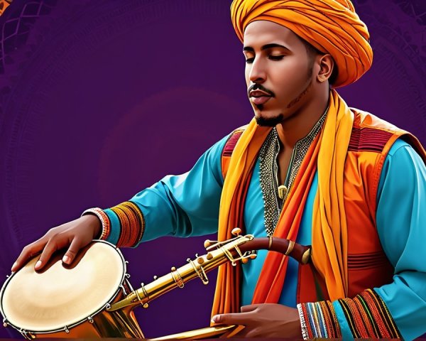 Musician in Traditional Attire Playing Hand Drum