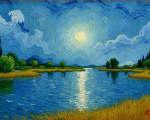 Tranquil River Landscape with Lush Greenery and Sky