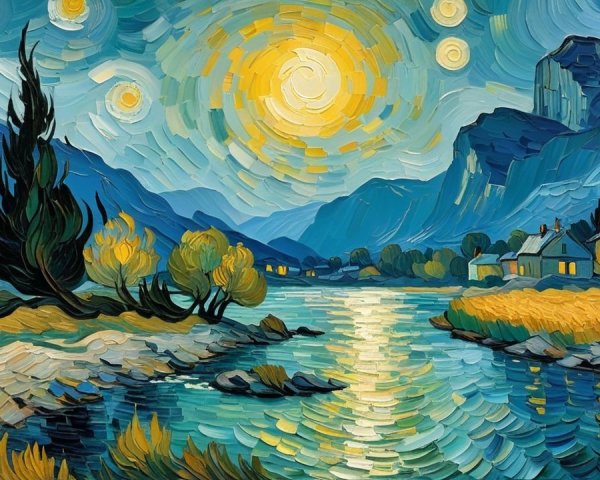 Vibrant landscape painting of a serene river scene
