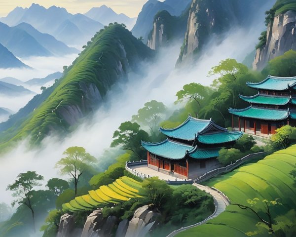 Ancient Pagodas and Terraced Fields in Mountain Landscape